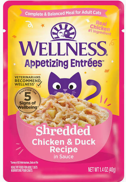 WELLNESS 1.4 OZ CAT POUCH SHREDDED CHICKEN DUCK SAUCE