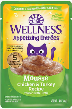 WELLNESS 1.4 OZ CAT POUCH MOUSSE CHICKEN TURKEY W BROTH